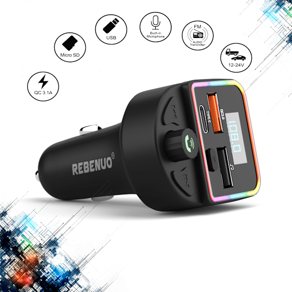 Hurtig Bil Lader Universal 20W Med FM Sender - Bluetooth 5.0  - Svart