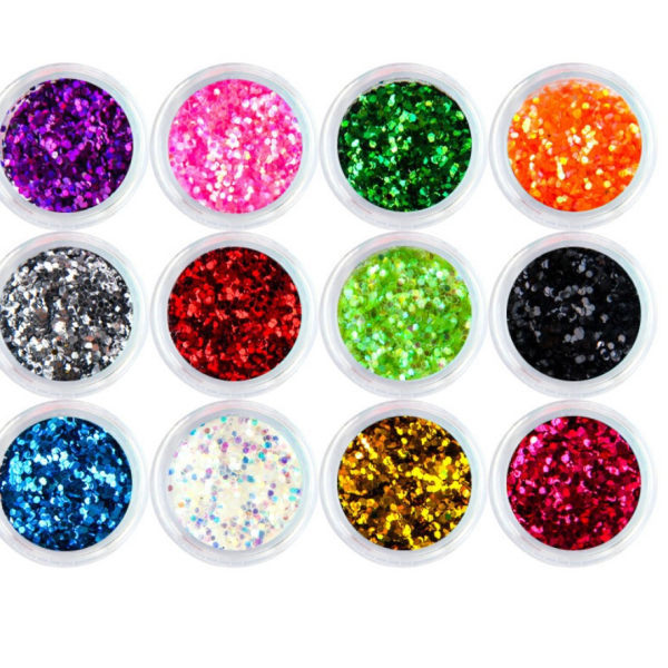Kroppsglitter, Ansiktsglitter, Festivalglitter, Hårglitter, Neglglitter, Neglekunstsett, Kosmetisk glitter 12 artikler