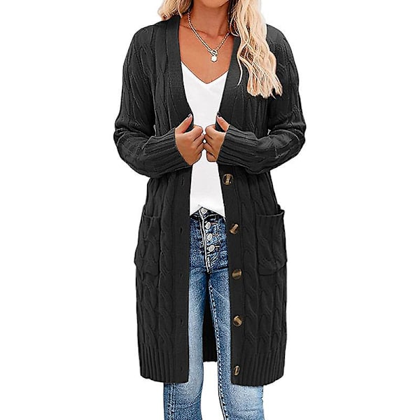 Dam Långärmad Kabelstrickad Lång Kjol Öppen Framtill Tröja med Knappar Ytterkläder Svart black M