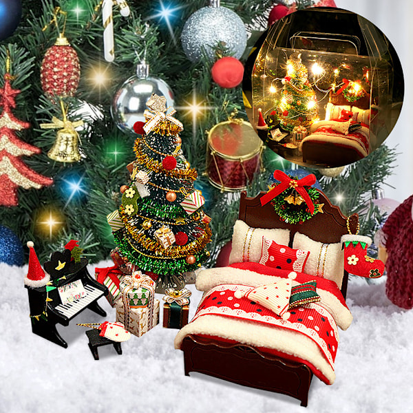 DIY Jul Miniatyrdockhus Kit Realistisk 3D Hus Rom Hantverk med Seng Tepper Pute Piano Lamper Julkrans Juletre Julegave