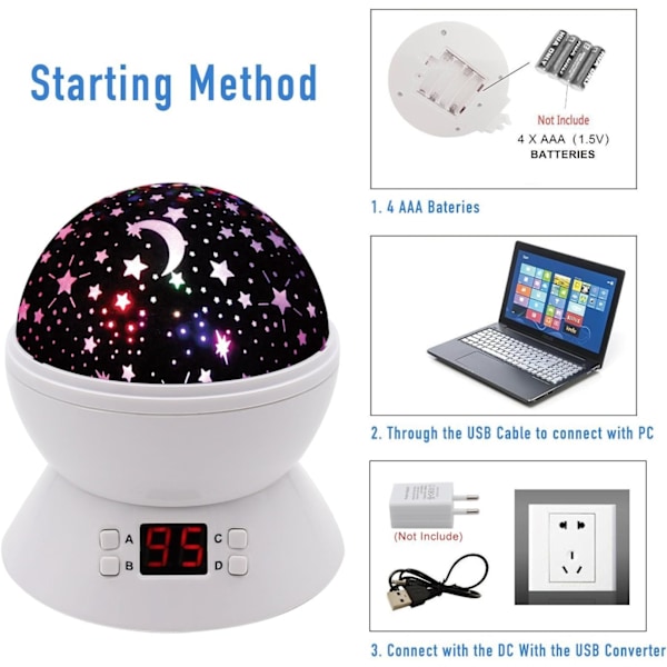 Stjernenat Lampe, Roterende Natlampe Projektor med LED Timer