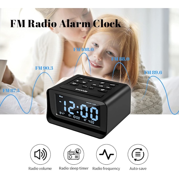 Radiovækkeur med dobbelt alarm, digital vækkeur med 2 USB-opladningsporte, 0-100 % dæmpbar, justerbar lydstyrke, indendørs termometer (sort)