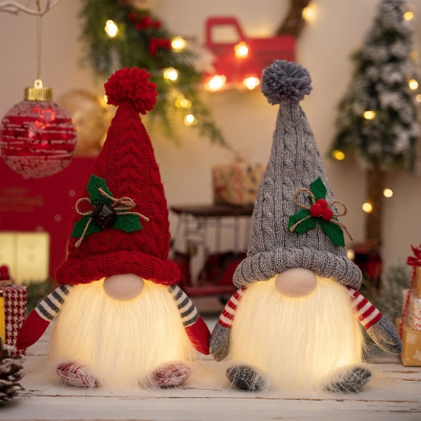 2-pakks Julenisser i Plysj med LED-lys i Skjegget, Nisse Santa Skandinavisk Figur, Nordisk Plysj Elfdukke Nissepynt
