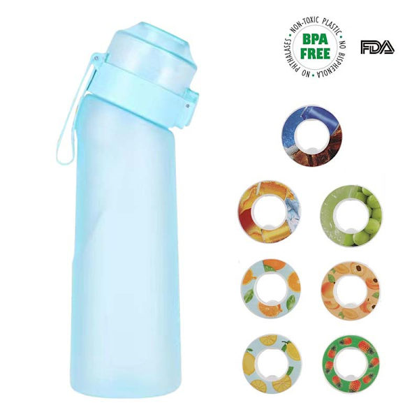 Smagssat vandflaske med 7 duftkapsler Air Water Up Flaske Frosted Sort 650 ml Air Startpakke Vandkop til camping sport, Frosted blå-XF12- Frosted blue