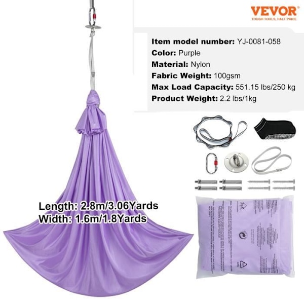 Aerial yoga hængekøje-VEVOR-lilla 2,8x1,6 m-100 g-m² Belastning 250 kg-Anti-gravitation Air Flight-Fitness Bodybuilding Pilates Gym Hjem