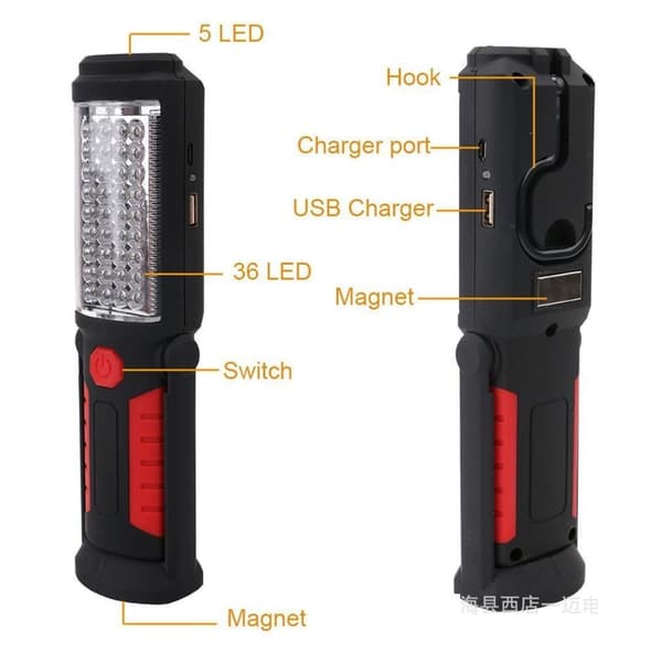 Powerful 36+5 LED 3000 Lumen Portable Rechargeable Work Light with Adjustable Bracket, Hook, and Magnetic Base