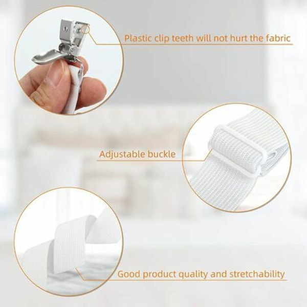 Elastiska lakanhållare, justerbara fästen med klämmor för lakan, soffa, överdrag (vit, 4-pack, förlängd sektion)