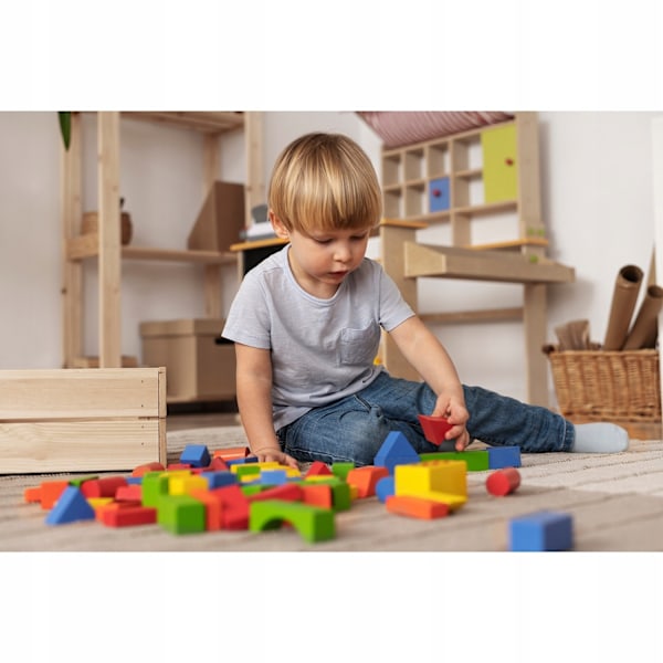 100 Wooden Building Blocks in Bucket with Sorting Lid