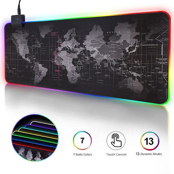 Hiiren alusta XXL LED Pro Gaming Maailmankartta 80x30 cm musta