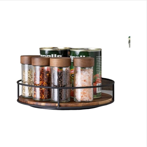 Solid Wood Rotating Storage Tray - Acacia Wood & Iron Organizer with 360° Swivel Function for Kitchen, Bathroom, and Office