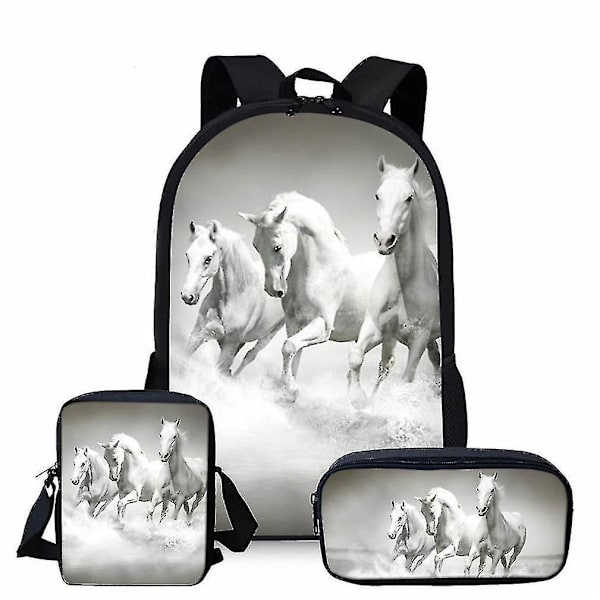 3 stk/sett Hest Skolesekk Satchel Anime 3D Trykk Ryggsekk00