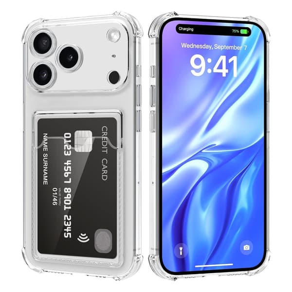 Shockproof Mobile Case with Card Holder for iPhone 17 Pro - Clear Transparent transparent
