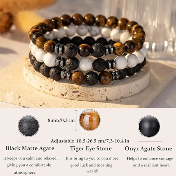 Herre armbånd med perler, Tigerøye, 8 mm, Naturlige steinperler, Justerbart stretch armbånd sett