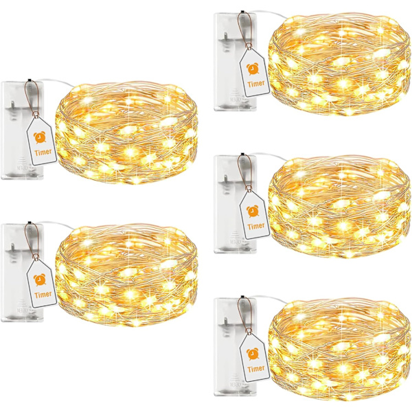 5-pack LED-ljusslingor med batteri och timer, 2 m 20 LED Miniatyr Silvertråd Ljusslingor