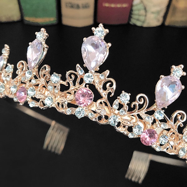 Piger Krystal Tiara Krone Med Kam Pink Kvinder Prinsesse Hårbøjle