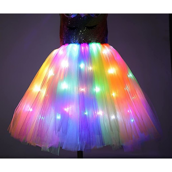 Enhörningsdräkt för flickor Led Light Up Tutu Dress Up Födelsedagspresenter Prinsessklänning till Halloweenfest Rainbow Led-rainbow Sequins 10-12 Years