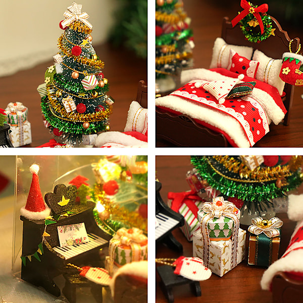 DIY Jul Miniatyrdockhus Kit Realistisk 3D Hus Rom Hantverk med Seng Tepper Pute Piano Lamper Julkrans Juletre Julegave