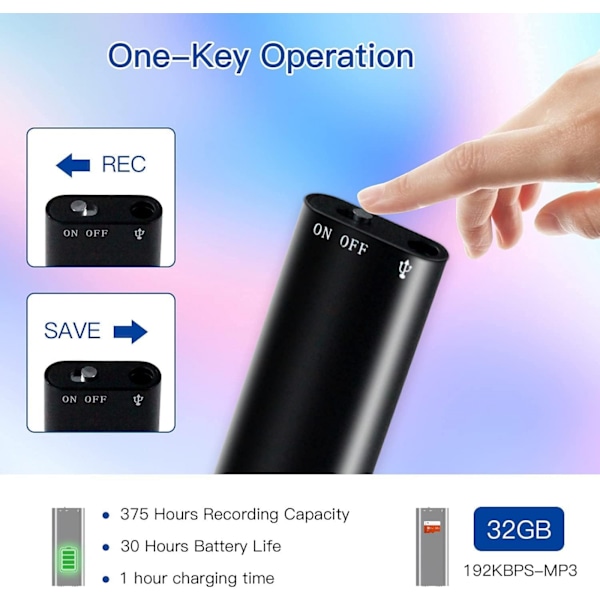 Mini stemmeaktivert opptaker - 800 timers opptakskapasitet - Sterk magnetisk - Lydopptak - Kontinuerlig lytteenhet 16 GB