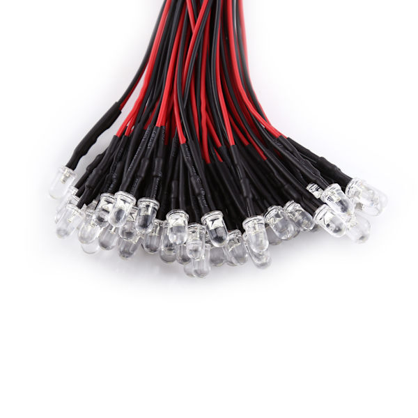 50 stk Forhåndstilkoblede DC 9-12V 3 5 10mm Klar LED-dioder Hvit Rød Blå Grønn Lys