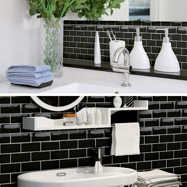 6 ark varmebestandige veggklistremerker (svarte) tykke peel-and-stick veggfliser backsplash for kjøkken og bad, underjordiske fliser selvklebende