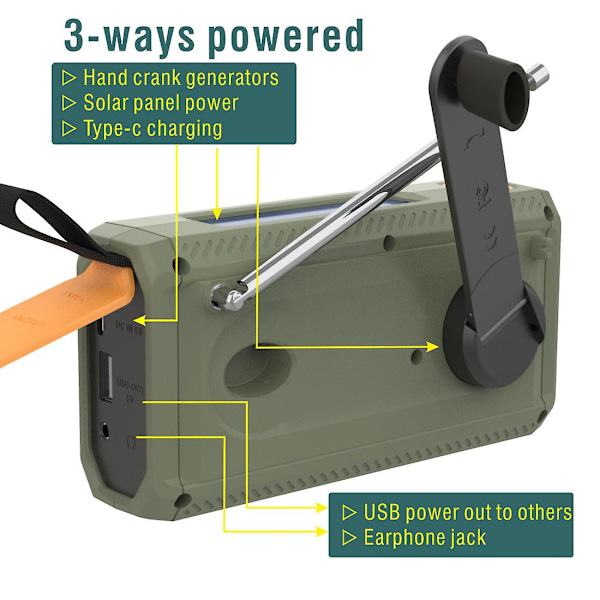 Bärbar DAB/FM-radio, 4000mAh Dynamo Solradio, Solvevradio, Överlevnadsradio DAB-radio USB-laddare med nödlarm, väckarklocka