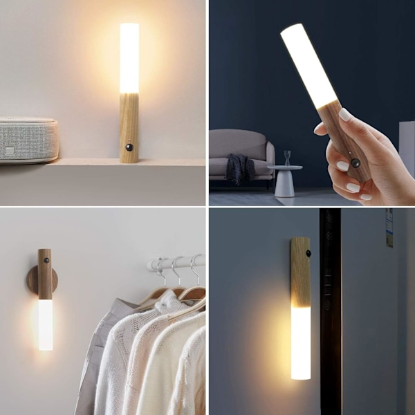 Trådløs LED-væglampe i træ, batteridrevet væglampe indendørs, bevægelsessensor, batteridrevet, USB-opladelig, magnetisk, varm hvid [Energiklasse E]
