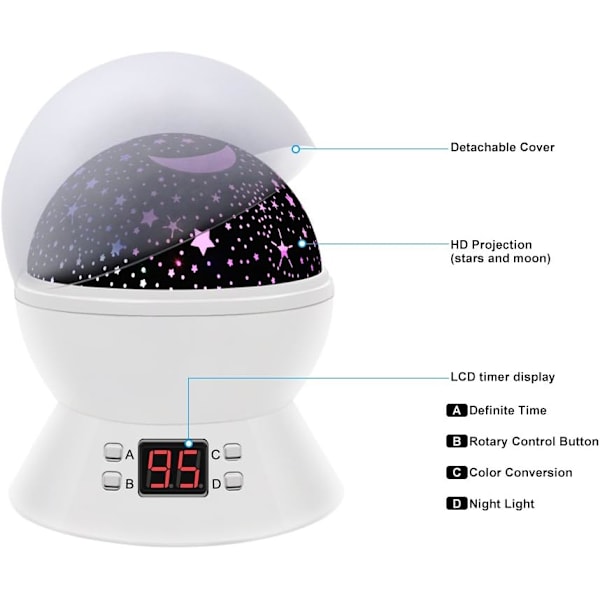 Stjernenat Lampe, Roterende Natlampe Projektor med LED Timer
