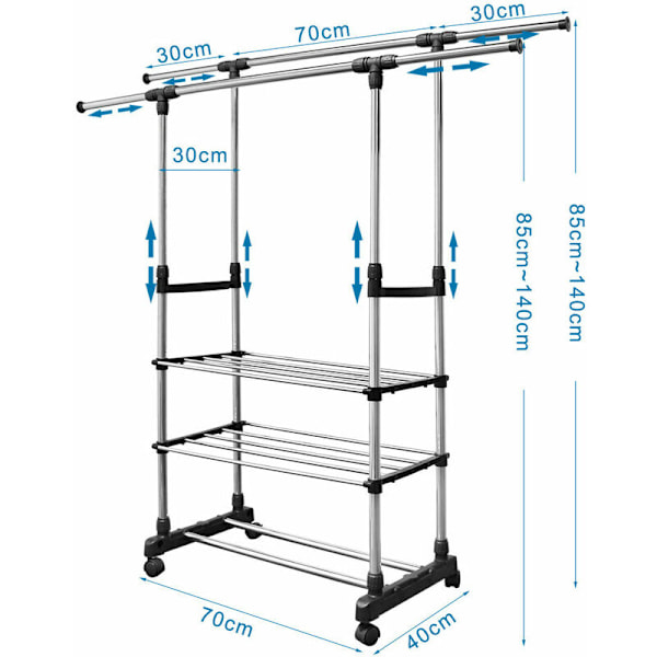 Rullende klesstativ med dobbel stang og 3 metallhyller - for soverom, balkong, hall-X71-