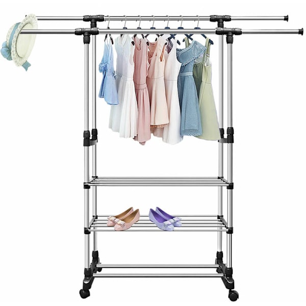 Rullende klesstativ med dobbel stang og 3 metallhyller - for soverom, balkong, hall-X71-