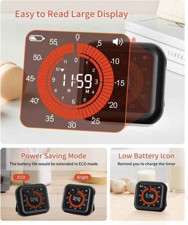 Digital Visual Timer - Max 11H 59M Rechargeable Countdown Timer with VA Screen, Clear Digits, Adjustable Volume