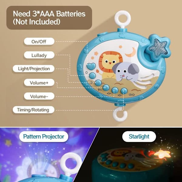 Mini Tudou Crib Music Mobile with Star Projection & Timer Function, Remote Control Musical Toy for Newborns 0-24 Months