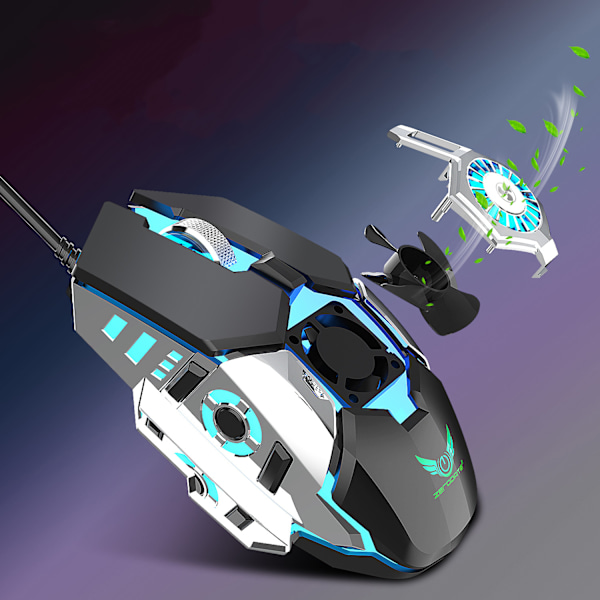 Programmerbar RGB-spillmus med kjølevifte, 6400 DPI 4-justerbar kablet optisk lettvekts spillmus med 7 knapper RGB-markiseffekt black