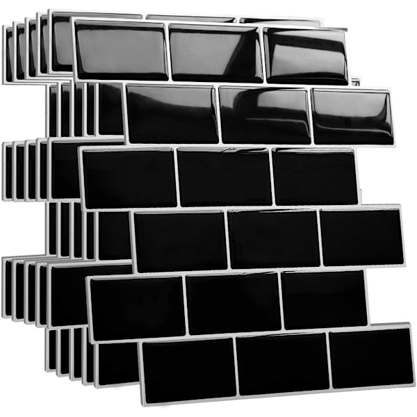 6 ark varmebestandige veggklistremerker (svarte) tykke peel-and-stick veggfliser backsplash for kjøkken og bad, underjordiske fliser selvklebende