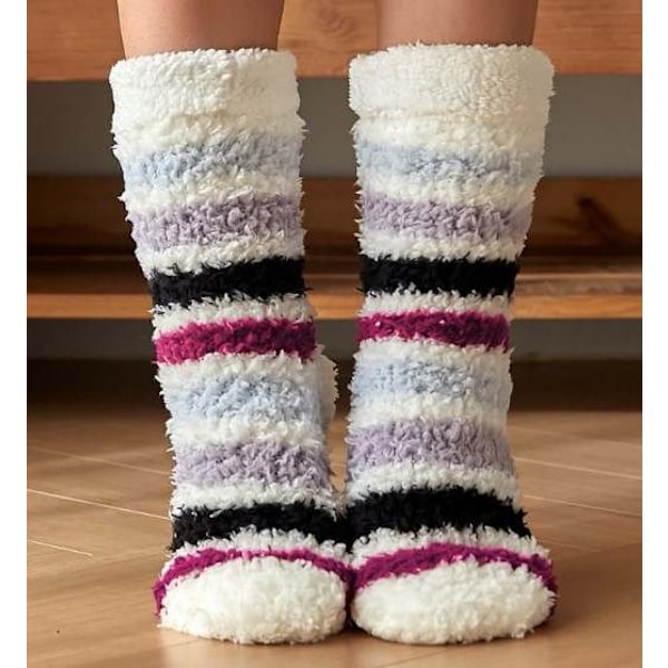3 par Bløde og Varme Strømper - Stribede med Antislip - FLUFFIGE