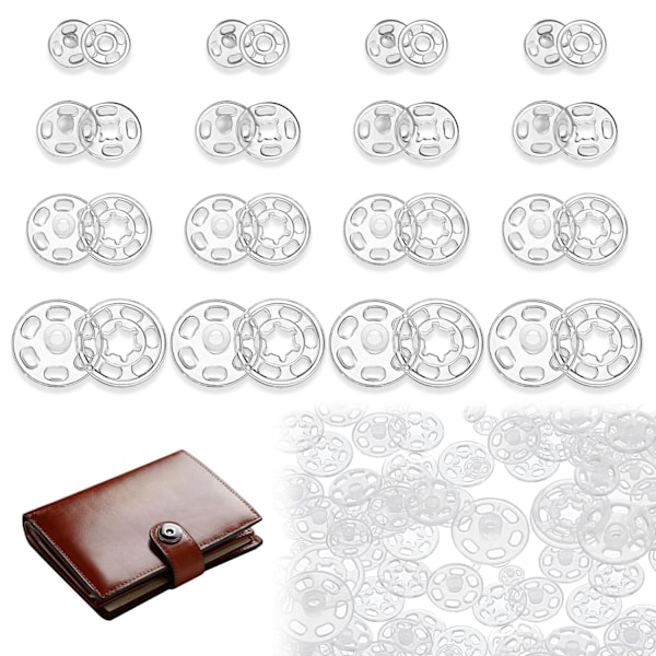 130 par plasttrykknapper, trykknapper knapper usynlige plast knapper, plast gjennomsiktige knapper for DIY håndverk søm klær, 7 MM, 11