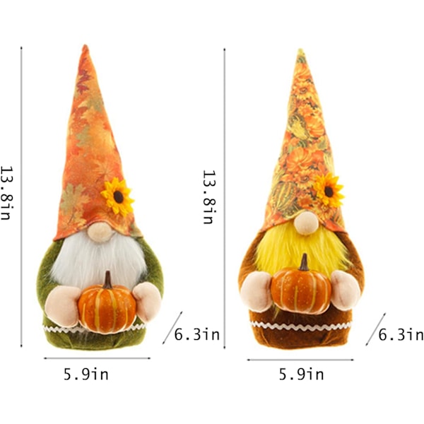 2 kpl plyysiset syksyn tontut, 35 cm, pitävät kurpitsaa, skandinaavinen