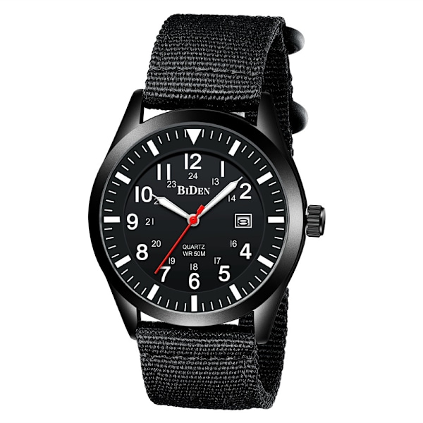 Herreklokker Militærklokker for menn Analog kvartsklokke Militærklokke for menn Vanntette armbåndsklokker Dato (Svart skall Svart urskive Svart nylonrem)