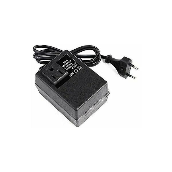 Transformator 220V till 110V, 200W, med europeiskt uttag, för spänningsreduktion.
