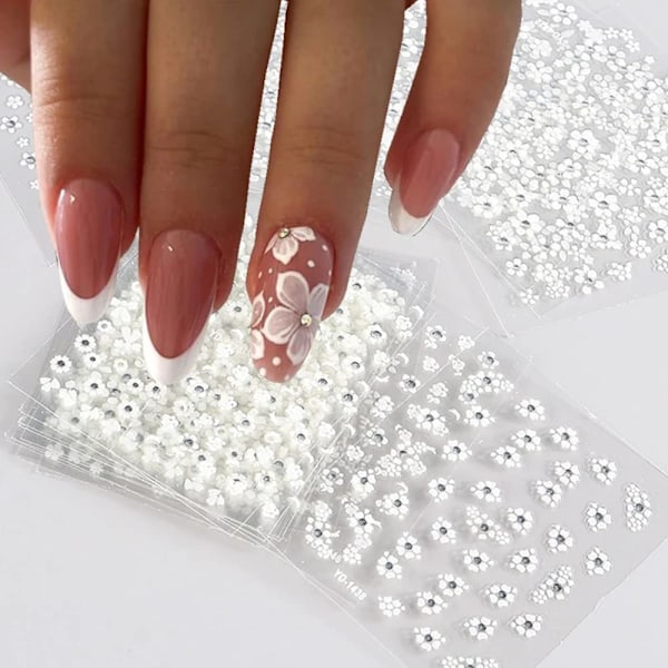 30 Ark Hvide Blomster Neglekunst Klistermærker, Hvide Blomster med Rhinestone Dekorationer Negle Klistermærker 3D Selvklæbende Negle Klistermærker-FQ2-