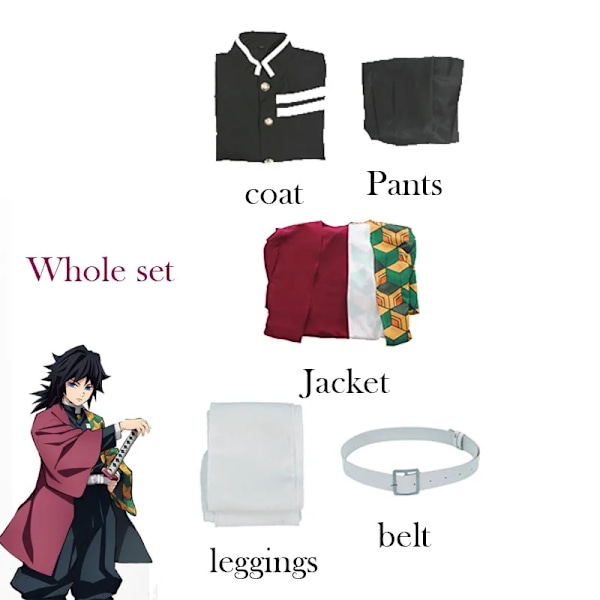 Mub- Fitspi Anime Demon Slayer Kimetsu No Yaiba Tomioka Giyuu Cosplay Uniformer Kostumer Paryk Børn Voksen Fest Kostume Sæt Costume Suit 140