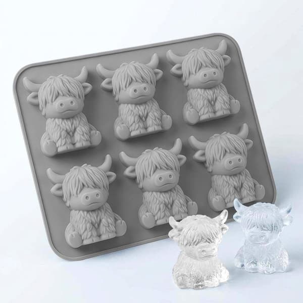 Highland-ku isform 3D isbitform for drinker og baking — 6-hulls silikonform, gjenbrukbar flerfarget, EU designpatent Grå