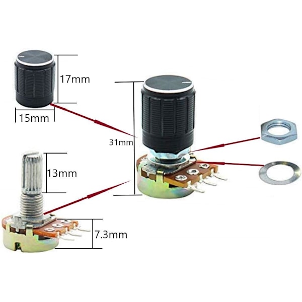 20 stk. Potentiometersæt, (B5K B10K B20K B50K B100K) Lineær Rotary Potentiometer, Rotary Potentiometer, Lineær Potentiometer 3 Terminaler, WH148