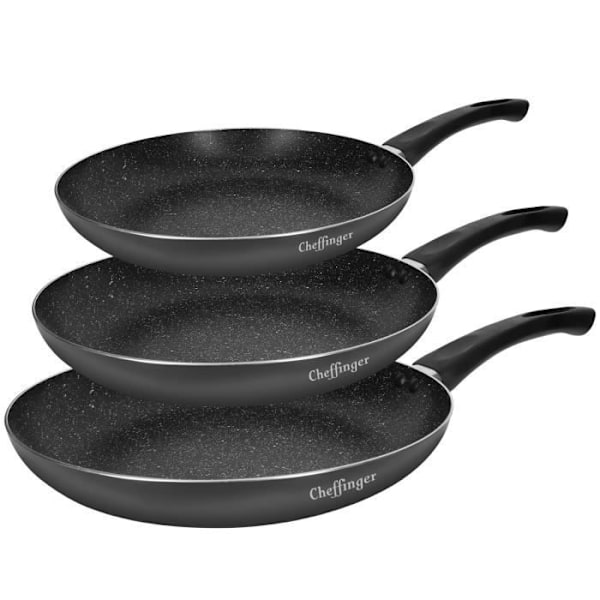 Trio av stekpannor 20 / 24 / 28 cm Marmorbelagd med Soft Grip Handtag Cheffinger Black
