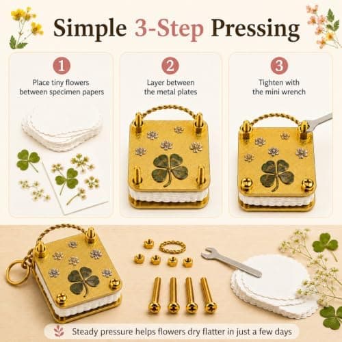 Mini Flower Press Keychain - Handmade Gold Metal Micro Press with 20 Sheets