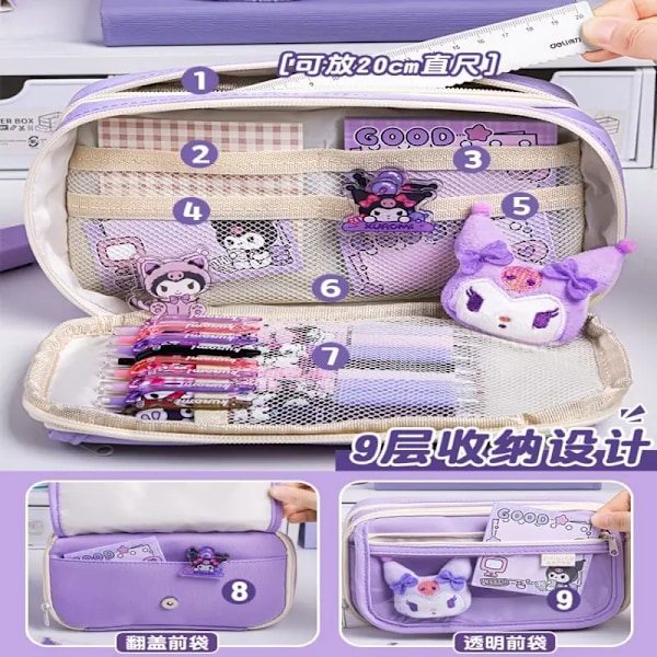 Sanrio Kuromi Söt Stor Kapacitet Pennfodral För Flickor Vackra Blixtlås Penna Kawaii Barnens Väska Kvinnors Skolmat