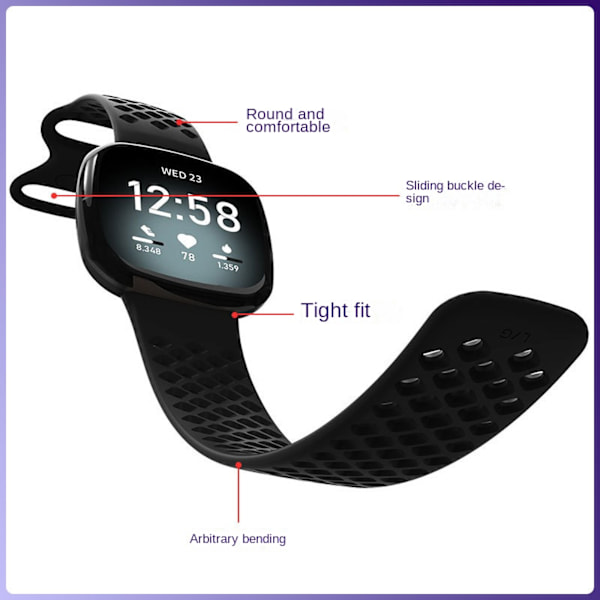 Urheilullinen silikoniranneke TPU-ontelomuotoilulla Fitbit Versa 3 ja Sense -älykelloille, musta