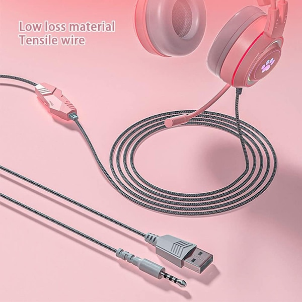 Kablet gaming headset, søde katteører RGB-baggrundsbelysning Over-Ear-hovedtelefoner Støjreducerende mikrofon Surroundlyd til bærbar computer Pink