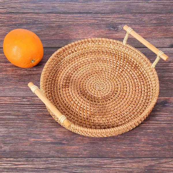 Rattan Brødkurv Rund Vevd Te-brett med Håndtak for Servering