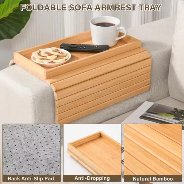Sammenleggbart armbrett for sofa med koppholder og sklisikker pute, plast, ingen montering Natural
