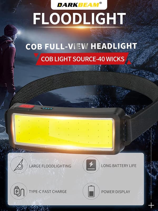COB LED Hodelykt, Kraftig USB Oppladbar Hodelykt, Vanntett 2000 Lumen Frontlykt, Arbeidslampe
